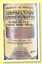 Kintyre 1891-1920 12 yo (40%, Eaglesome ltd., Campbeltown Commemoration, miniature, +/-1990) Kintyre 1891-1920 12 yo (40%, Eaglesome ltd., Campbeltown Commemoration, miniature, +/-1990)