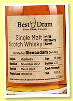 Glencadam 2012/2023 (58.5%, Best Dram, Whisky Druid and Kirsch Import, 1st fill PX barrel, cask #900034, 272 bottles) Glencadam 2012/2023 (58.5%, Best Dram, Whisky Druid and Kirsch Import, 1st fill PX barrel, cask #900034, 272 bottles)
